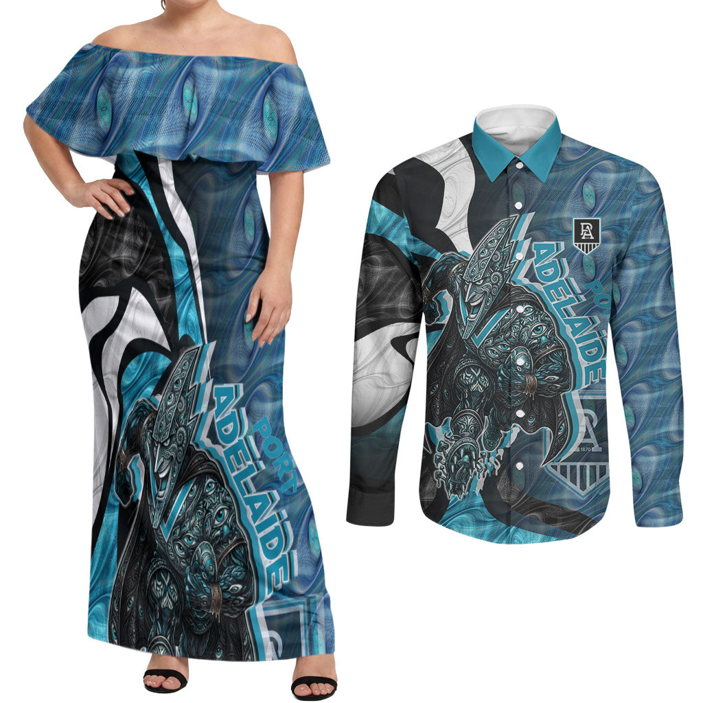 Personalised Port Adelaide Couples Matching Off Shoulder Maxi Dress and Long Sleeve Button Shirt Trippy Psychedelic Abstract Art Mascot Football Fans
