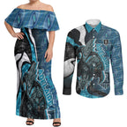 Personalised Port Adelaide Couples Matching Off Shoulder Maxi Dress and Long Sleeve Button Shirt Trippy Psychedelic Abstract Art Mascot Football Fans