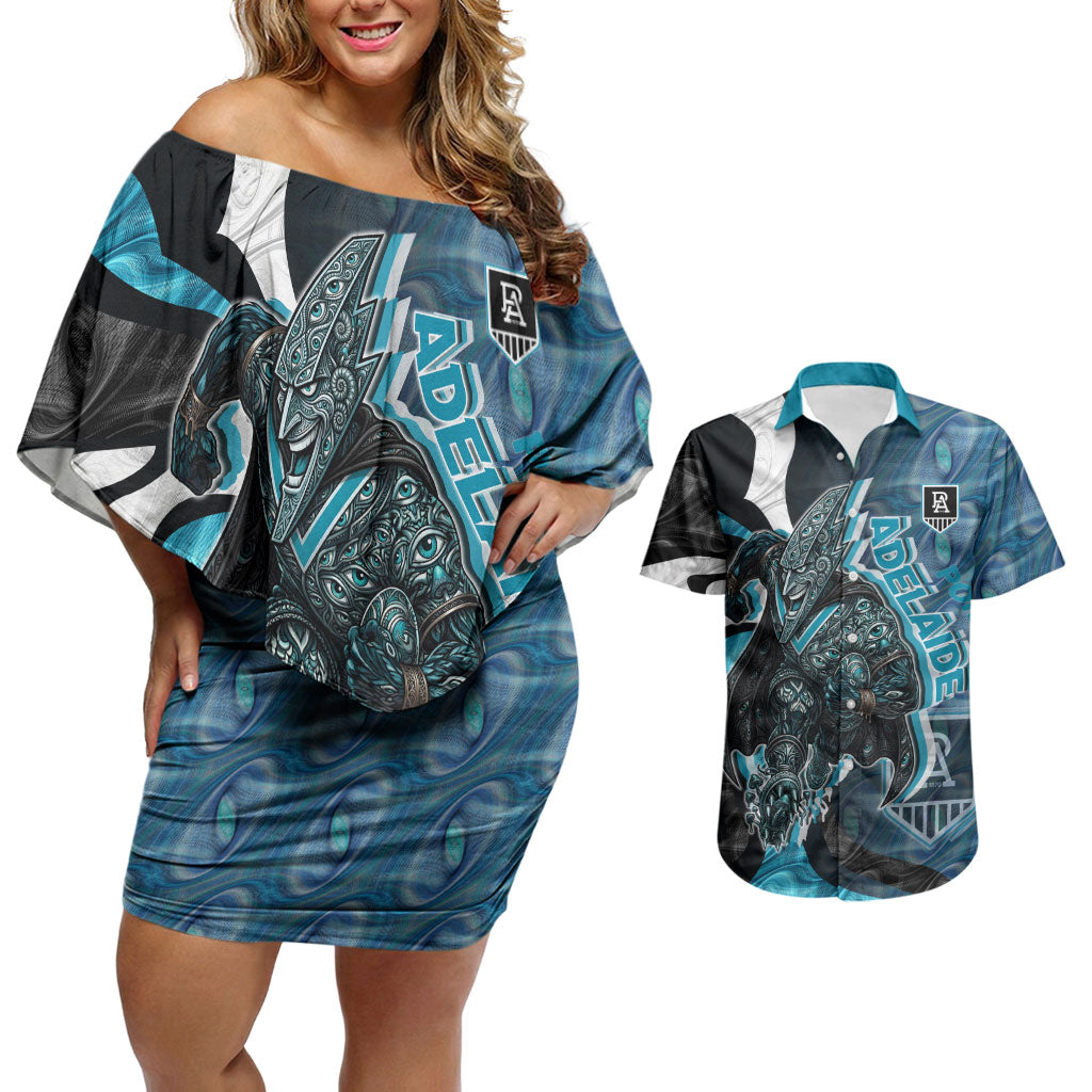 Personalised Port Adelaide Couples Matching Off Shoulder Short Dress and Hawaiian Shirt Trippy Psychedelic Abstract Art Mascot Football Fans