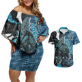 Personalised Port Adelaide Couples Matching Off Shoulder Short Dress and Hawaiian Shirt Trippy Psychedelic Abstract Art Mascot Football Fans