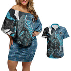 Personalised Port Adelaide Couples Matching Off Shoulder Short Dress and Hawaiian Shirt Trippy Psychedelic Abstract Art Mascot Football Fans