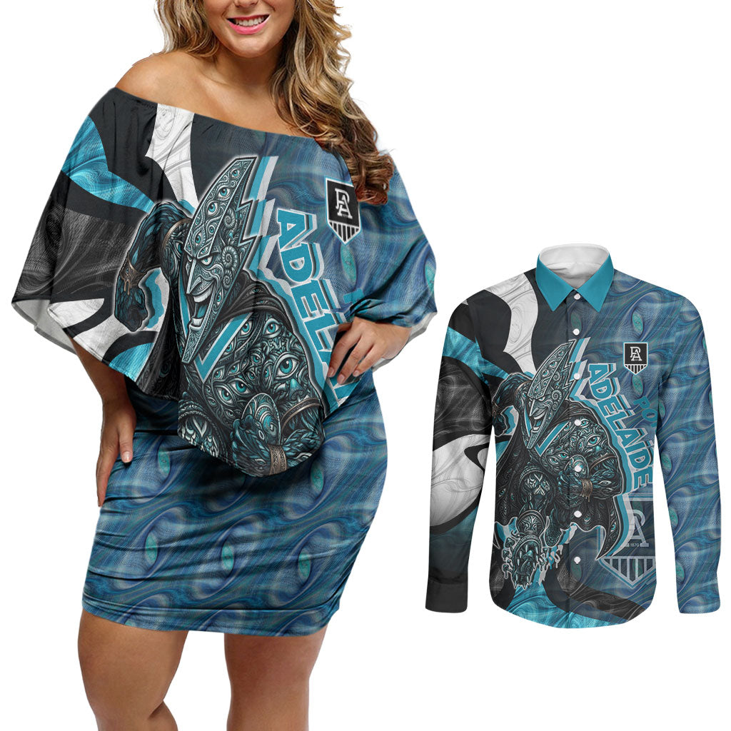Personalised Port Adelaide Couples Matching Off Shoulder Short Dress and Long Sleeve Button Shirt Trippy Psychedelic Abstract Art Mascot Football Fans
