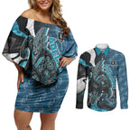Personalised Port Adelaide Couples Matching Off Shoulder Short Dress and Long Sleeve Button Shirt Trippy Psychedelic Abstract Art Mascot Football Fans