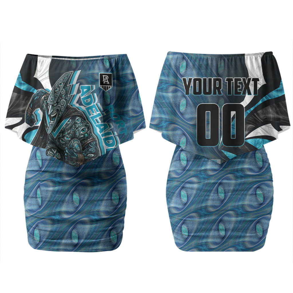 Personalised Port Adelaide Couples Matching Off Shoulder Short Dress and Long Sleeve Button Shirt Trippy Psychedelic Abstract Art Mascot Football Fans