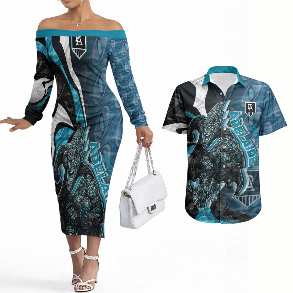 Personalised Port Adelaide Couples Matching Off The Shoulder Long Sleeve Dress and Hawaiian Shirt Trippy Psychedelic Abstract Art Mascot Football Fans