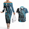 Personalised Port Adelaide Couples Matching Off The Shoulder Long Sleeve Dress and Hawaiian Shirt Trippy Psychedelic Abstract Art Mascot Football Fans