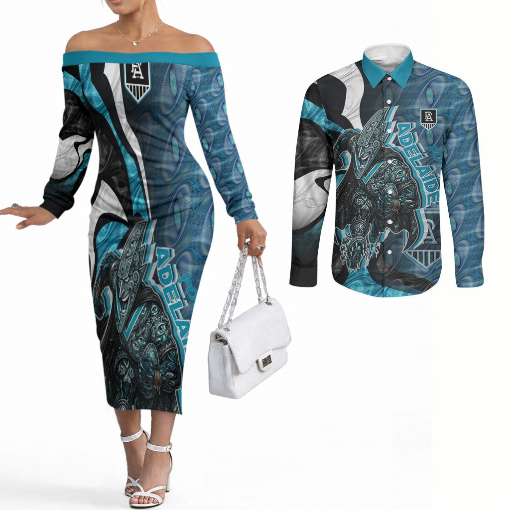 Personalised Port Adelaide Couples Matching Off The Shoulder Long Sleeve Dress and Long Sleeve Button Shirt Trippy Psychedelic Abstract Art Mascot Football Fans