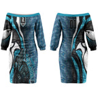 Personalised Port Adelaide Couples Matching Off The Shoulder Long Sleeve Dress and Long Sleeve Button Shirt Trippy Psychedelic Abstract Art Mascot Football Fans