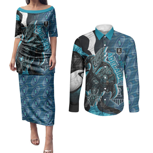 Personalised Port Adelaide Couples Matching Puletasi and Long Sleeve Button Shirt Trippy Psychedelic Abstract Art Mascot Football Fans