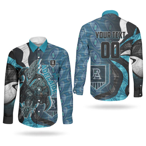 Personalised Port Adelaide Couples Matching Puletasi and Long Sleeve Button Shirt Trippy Psychedelic Abstract Art Mascot Football Fans
