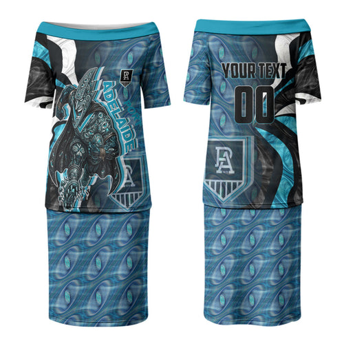Personalised Port Adelaide Couples Matching Puletasi and Long Sleeve Button Shirt Trippy Psychedelic Abstract Art Mascot Football Fans