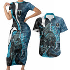 Personalised Port Adelaide Couples Matching Short Sleeve Bodycon Dress and Hawaiian Shirt Trippy Psychedelic Abstract Art Mascot Football Fans