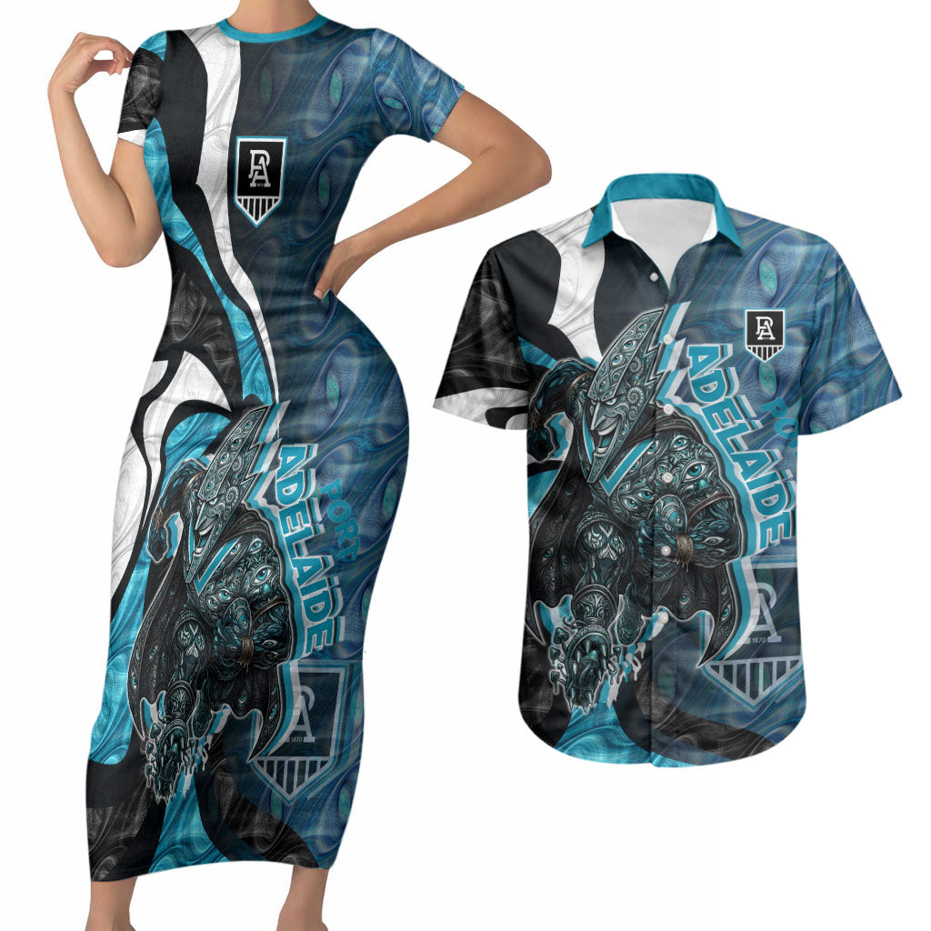 Personalised Port Adelaide Couples Matching Short Sleeve Bodycon Dress and Hawaiian Shirt Trippy Psychedelic Abstract Art Mascot Football Fans