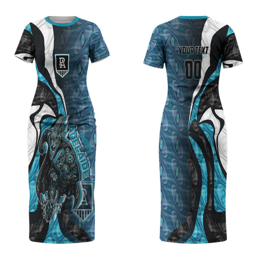 Personalised Port Adelaide Couples Matching Short Sleeve Bodycon Dress and Hawaiian Shirt Trippy Psychedelic Abstract Art Mascot Football Fans