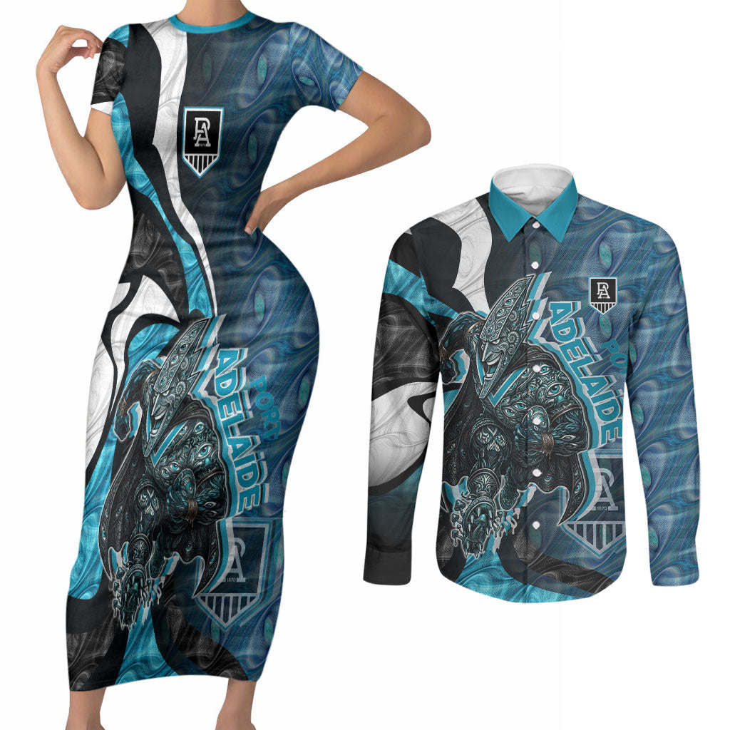 Personalised Port Adelaide Couples Matching Short Sleeve Bodycon Dress and Long Sleeve Button Shirt Trippy Psychedelic Abstract Art Mascot Football Fans