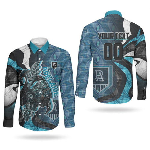 Personalised Port Adelaide Couples Matching Short Sleeve Bodycon Dress and Long Sleeve Button Shirt Trippy Psychedelic Abstract Art Mascot Football Fans