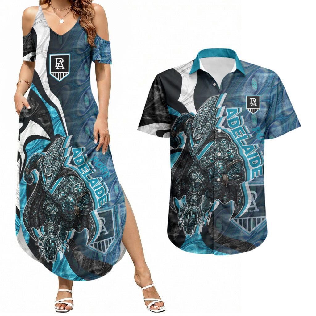 Personalised Port Adelaide Couples Matching Summer Maxi Dress and Hawaiian Shirt Trippy Psychedelic Abstract Art Mascot Football Fans
