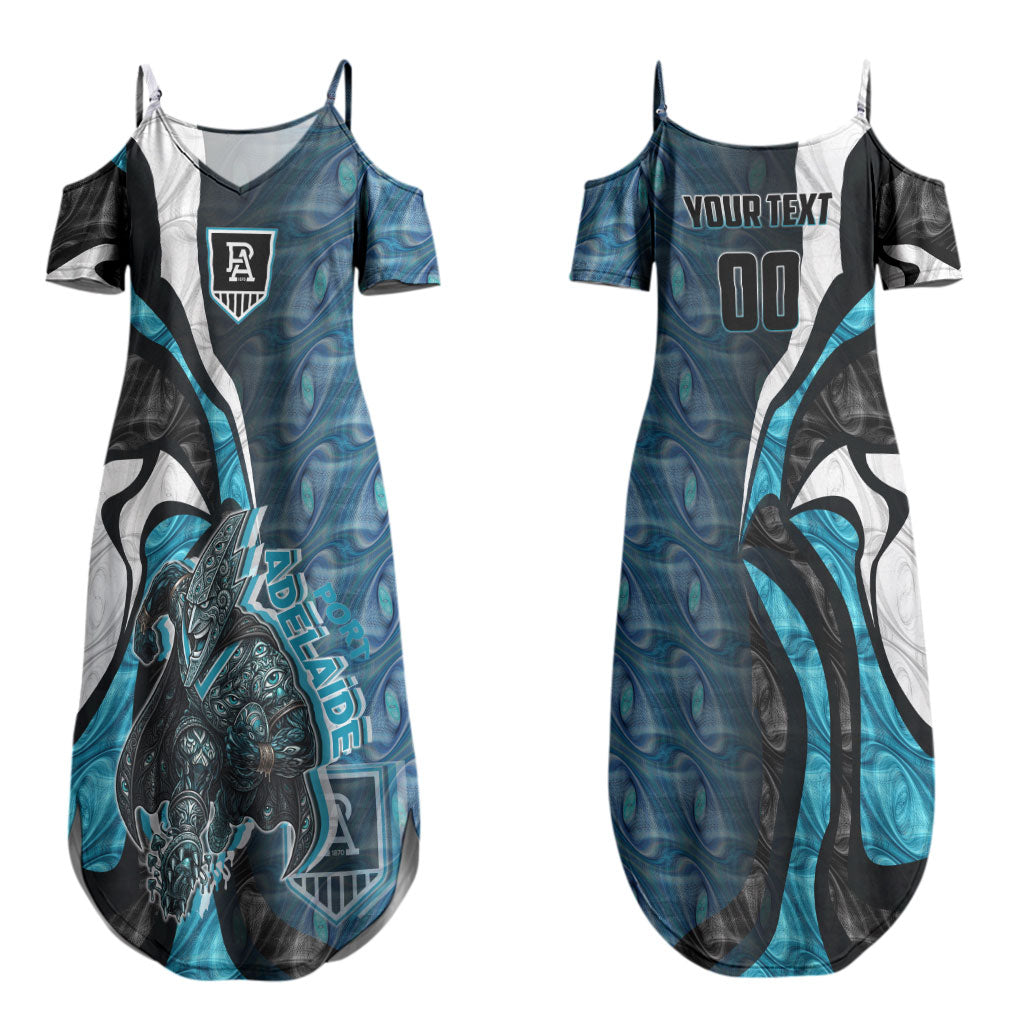 Personalised Port Adelaide Couples Matching Summer Maxi Dress and Hawaiian Shirt Trippy Psychedelic Abstract Art Mascot Football Fans