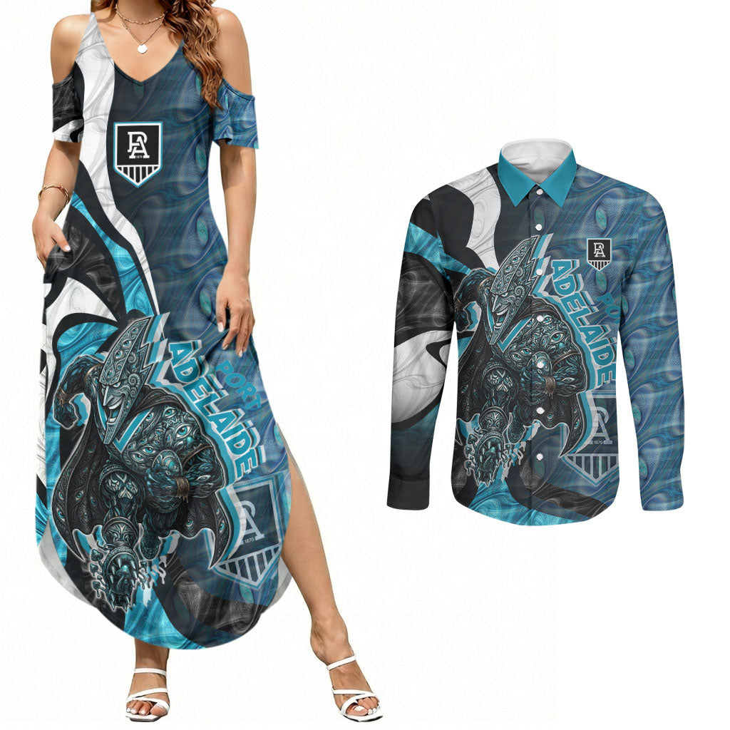 Personalised Port Adelaide Couples Matching Summer Maxi Dress and Long Sleeve Button Shirt Trippy Psychedelic Abstract Art Mascot Football Fans