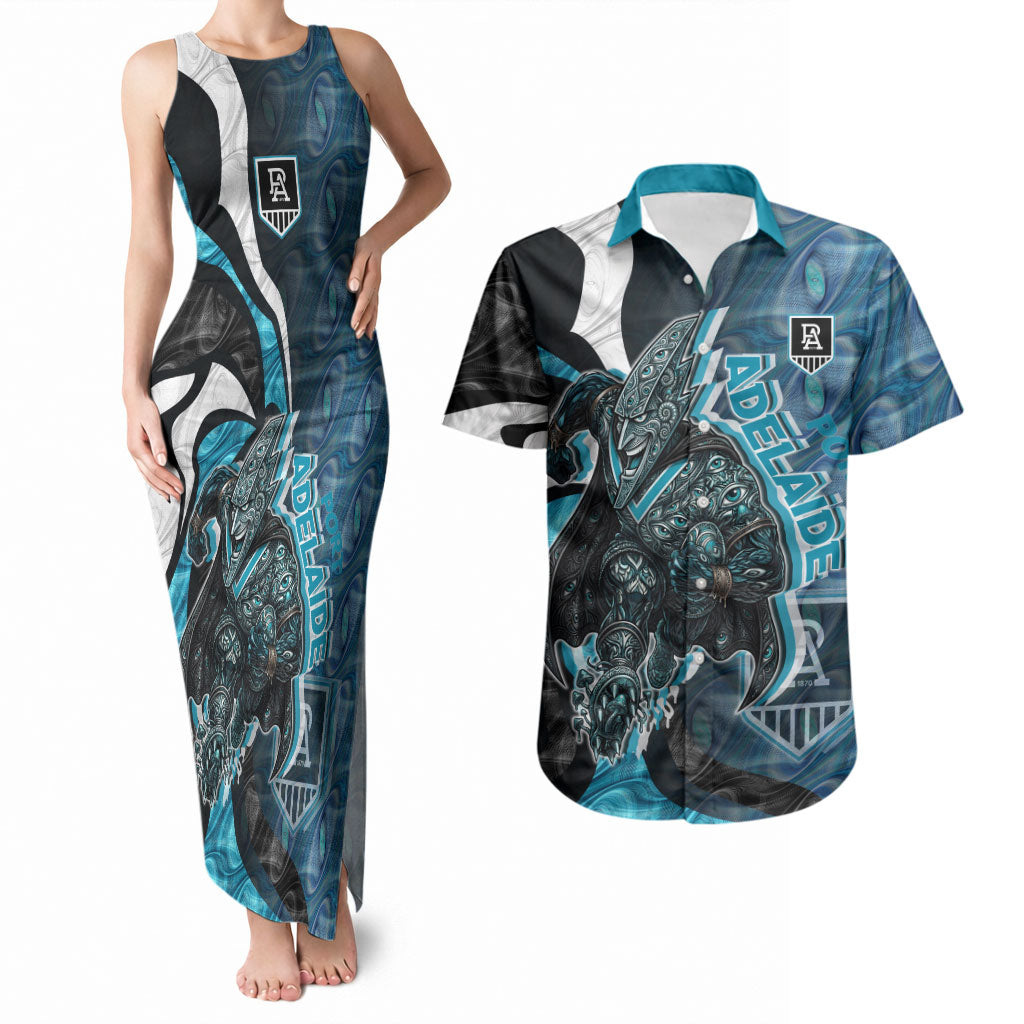 Personalised Port Adelaide Couples Matching Tank Maxi Dress and Hawaiian Shirt Trippy Psychedelic Abstract Art Mascot Football Fans