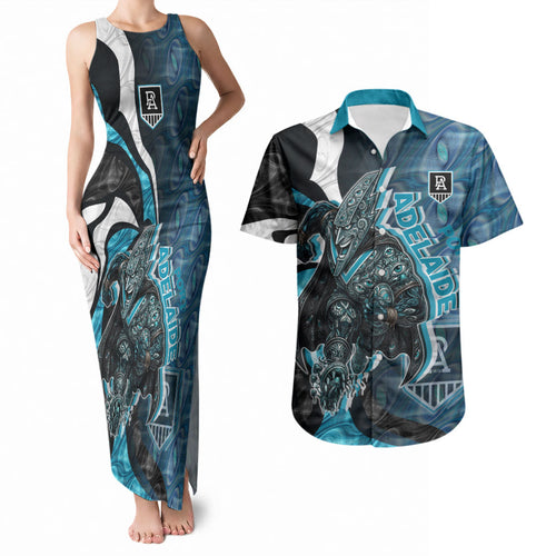 Personalised Port Adelaide Couples Matching Tank Maxi Dress and Hawaiian Shirt Trippy Psychedelic Abstract Art Mascot Football Fans