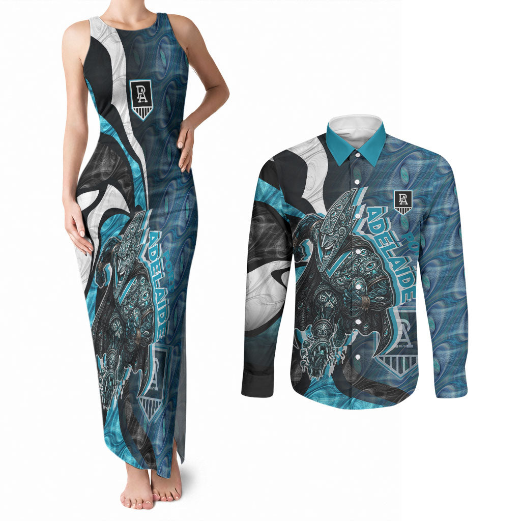 Personalised Port Adelaide Couples Matching Tank Maxi Dress and Long Sleeve Button Shirt Trippy Psychedelic Abstract Art Mascot Football Fans