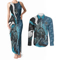 Personalised Port Adelaide Couples Matching Tank Maxi Dress and Long Sleeve Button Shirt Trippy Psychedelic Abstract Art Mascot Football Fans
