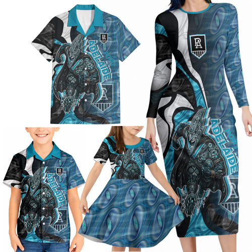 Personalised Port Adelaide Family Matching Long Sleeve Bodycon Dress and Hawaiian Shirt Trippy Psychedelic Abstract Art Mascot Football Fans