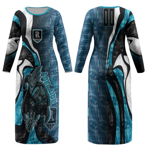 Personalised Port Adelaide Family Matching Long Sleeve Bodycon Dress and Hawaiian Shirt Trippy Psychedelic Abstract Art Mascot Football Fans