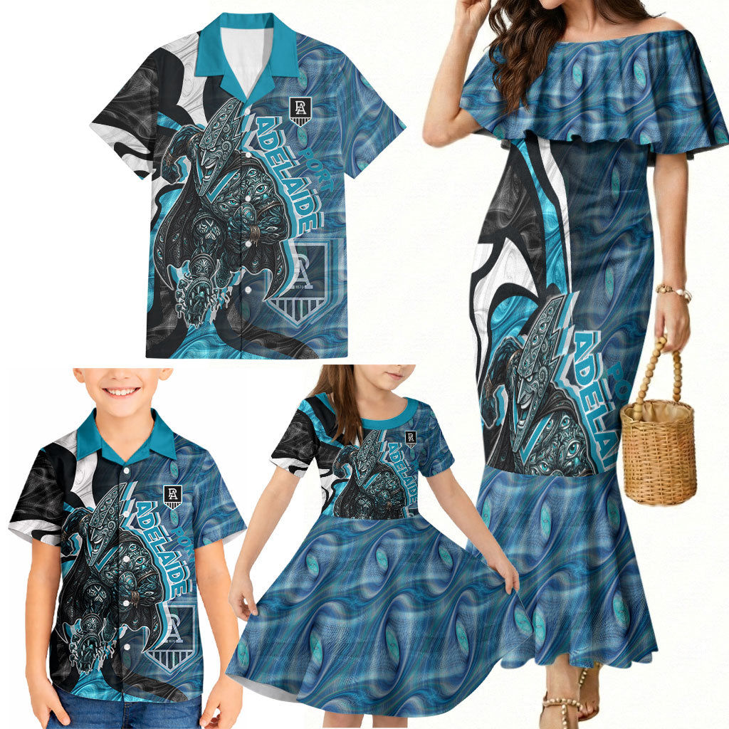 Personalised Port Adelaide Family Matching Mermaid Dress and Hawaiian Shirt Trippy Psychedelic Abstract Art Mascot Football Fans