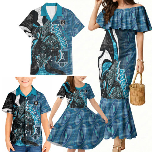 Personalised Port Adelaide Family Matching Mermaid Dress and Hawaiian Shirt Trippy Psychedelic Abstract Art Mascot Football Fans