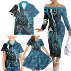 Personalised Port Adelaide Family Matching Off The Shoulder Long Sleeve Dress and Hawaiian Shirt Trippy Psychedelic Abstract Art Mascot Football Fans