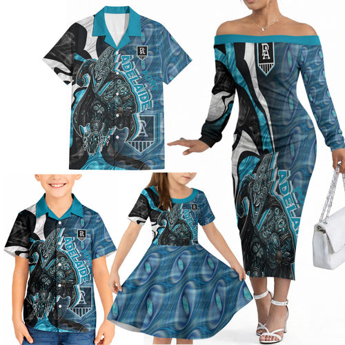 Personalised Port Adelaide Family Matching Off The Shoulder Long Sleeve Dress and Hawaiian Shirt Trippy Psychedelic Abstract Art Mascot Football Fans