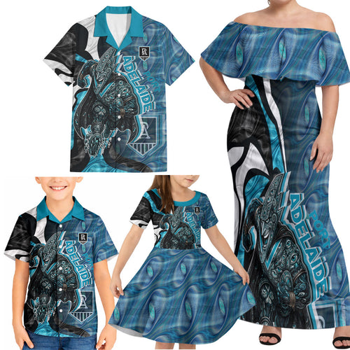 Personalised Port Adelaide Family Matching Off Shoulder Maxi Dress and Hawaiian Shirt Trippy Psychedelic Abstract Art Mascot Football Fans