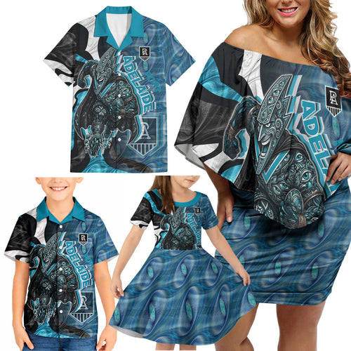Personalised Port Adelaide Family Matching Off Shoulder Short Dress and Hawaiian Shirt Trippy Psychedelic Abstract Art Mascot Football Fans
