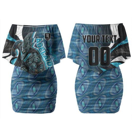 Personalised Port Adelaide Family Matching Off Shoulder Short Dress and Hawaiian Shirt Trippy Psychedelic Abstract Art Mascot Football Fans