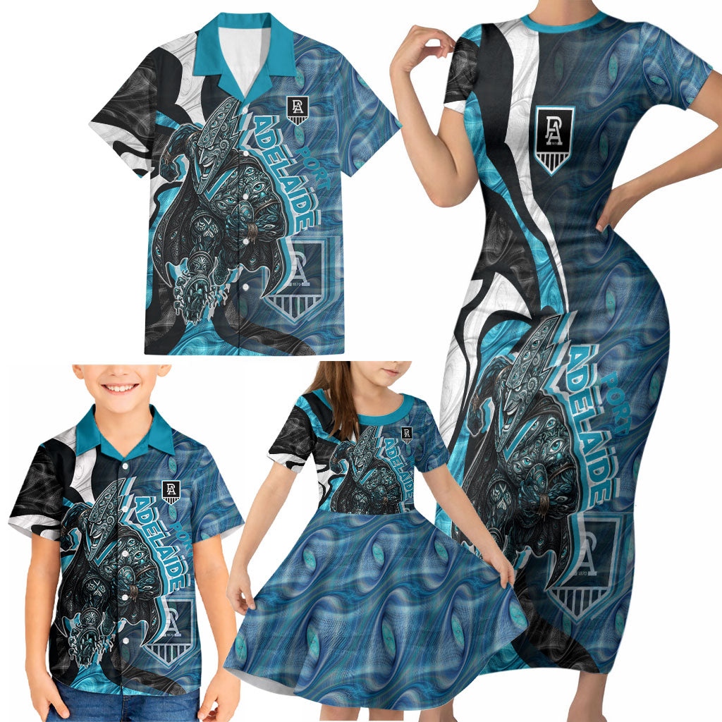 Personalised Port Adelaide Family Matching Short Sleeve Bodycon Dress and Hawaiian Shirt Trippy Psychedelic Abstract Art Mascot Football Fans