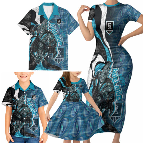 Personalised Port Adelaide Family Matching Short Sleeve Bodycon Dress and Hawaiian Shirt Trippy Psychedelic Abstract Art Mascot Football Fans