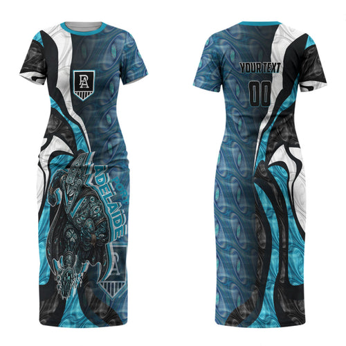 Personalised Port Adelaide Family Matching Short Sleeve Bodycon Dress and Hawaiian Shirt Trippy Psychedelic Abstract Art Mascot Football Fans