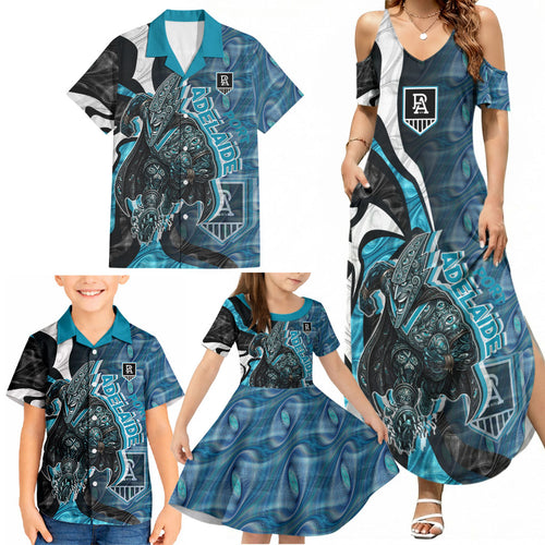 Personalised Port Adelaide Family Matching Summer Maxi Dress and Hawaiian Shirt Trippy Psychedelic Abstract Art Mascot Football Fans