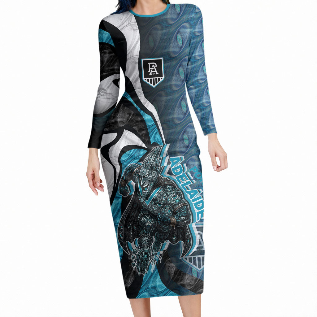 Personalised Port Adelaide Long Sleeve Bodycon Dress Trippy Psychedelic Abstract Art Mascot Football Fans
