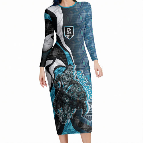 Personalised Port Adelaide Long Sleeve Bodycon Dress Trippy Psychedelic Abstract Art Mascot Football Fans