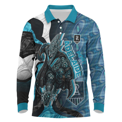 Personalised Port Adelaide Long Sleeve Polo Shirt Trippy Psychedelic Abstract Art Mascot Football Fans