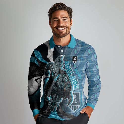 Personalised Port Adelaide Long Sleeve Polo Shirt Trippy Psychedelic Abstract Art Mascot Football Fans