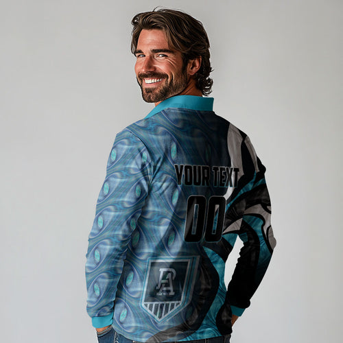 Personalised Port Adelaide Long Sleeve Polo Shirt Trippy Psychedelic Abstract Art Mascot Football Fans