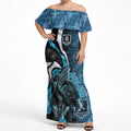 Personalised Port Adelaide Off Shoulder Maxi Dress Trippy Psychedelic Abstract Art Mascot Football Fans