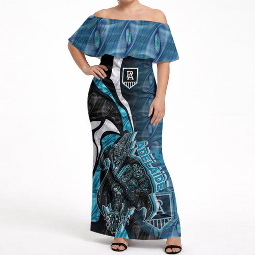Personalised Port Adelaide Off Shoulder Maxi Dress Trippy Psychedelic Abstract Art Mascot Football Fans