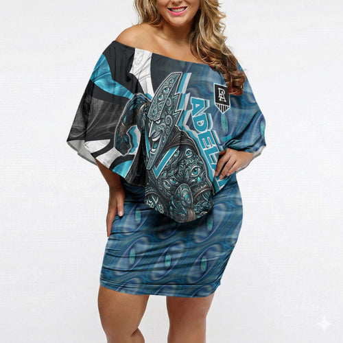 Personalised Port Adelaide Off Shoulder Short Dress Trippy Psychedelic Abstract Art Mascot Football Fans