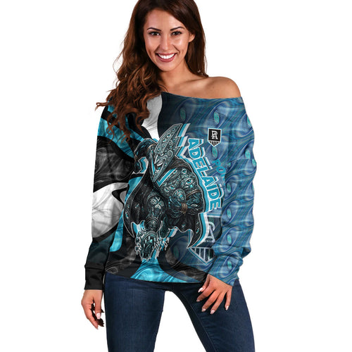 Personalised Port Adelaide Off Shoulder Sweater Trippy Psychedelic Abstract Art Mascot Football Fans