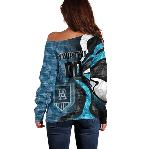 Personalised Port Adelaide Off Shoulder Sweater Trippy Psychedelic Abstract Art Mascot Football Fans